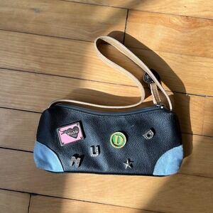 Vintage Mudd Y2K Black Faux Leather Baguette Shoulder Bag Blue Denim Patches